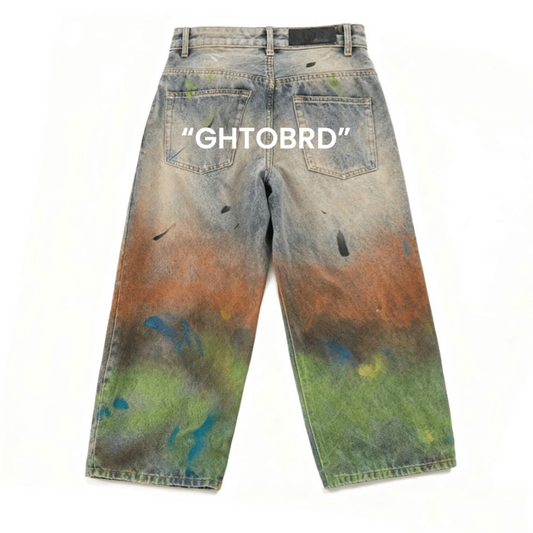 Unisex "GHTOBRD" Washed Distressed Paint-Splatter Denim Jeans