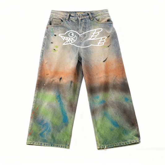 Unisex "GHTOBRD" Washed Distressed Paint-Splatter Denim Jeans