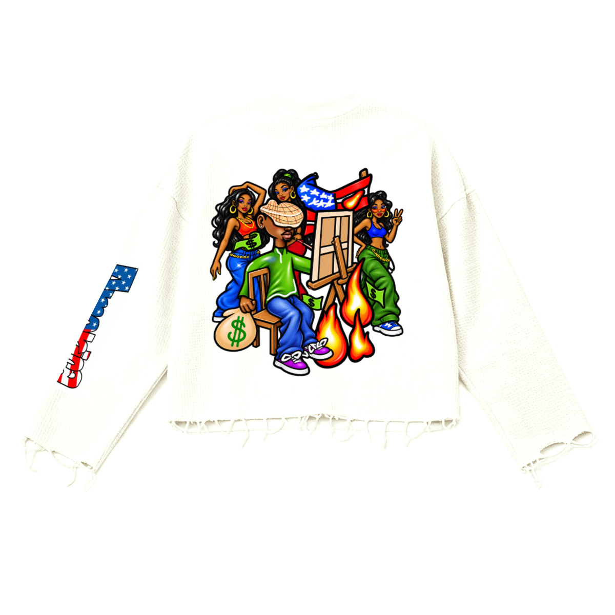 An off-white cropped sweatshirt with distressed frayed edges, featuring a colorful cartoon graphic of a group of friends on the front and a matching graphic on the left sleeve.